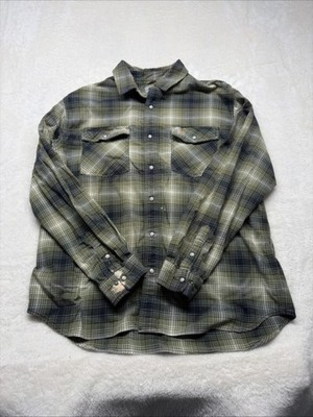 Carhartt Mens XL Green Loose Fit Long Sleeve Button Up Work Shirt Pearl Snaps